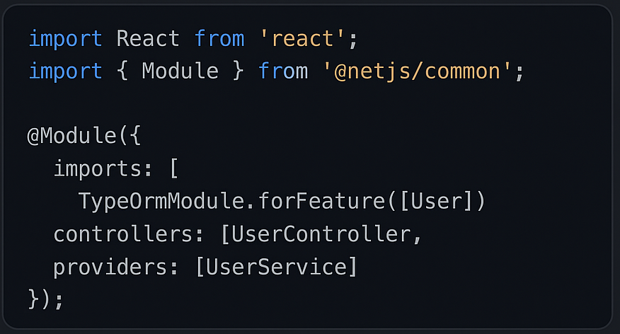Clean dark code editor screenshot showing JavaScript/TypeScript with React and NestJS code snippets